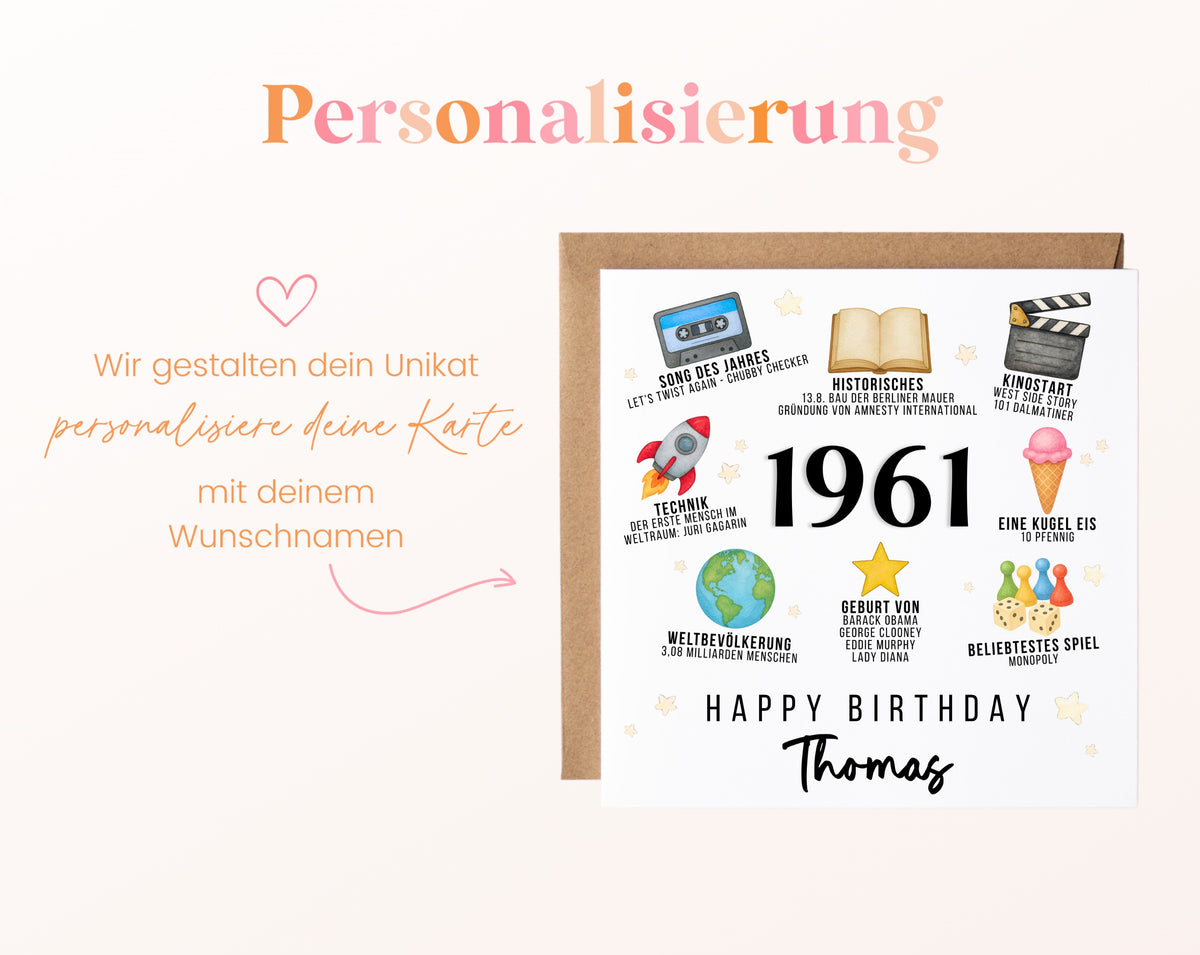 Personalisierte Geburtstagskarte Jahrgang 1961 – Zeitreise mit Musik und Film – Personalisierung mit Wunschname