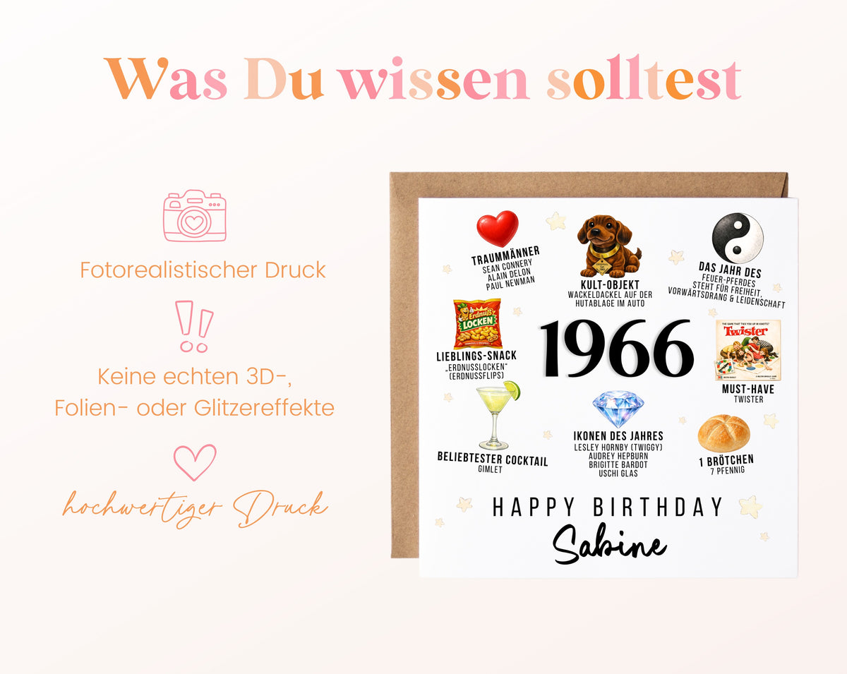 Personalisierte Geburtstagskarte Jahrgang 1966 – Nostalgie für Frauen – Informationen zur Karte
