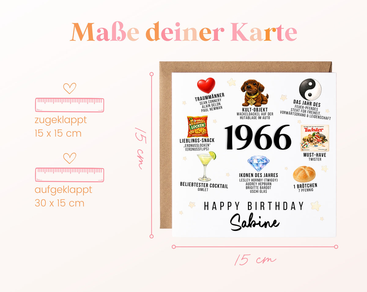 Personalisierte Geburtstagskarte Jahrgang 1966 – Nostalgie für Frauen – Maße der Klappkarte