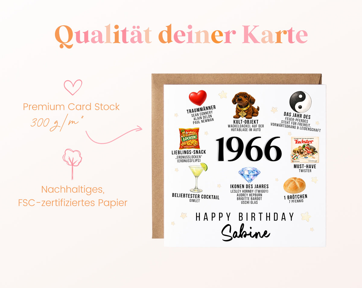 Personalisierte Geburtstagskarte Jahrgang 1966 – Nostalgie für Frauen – Kartenpapier 300 g/m²