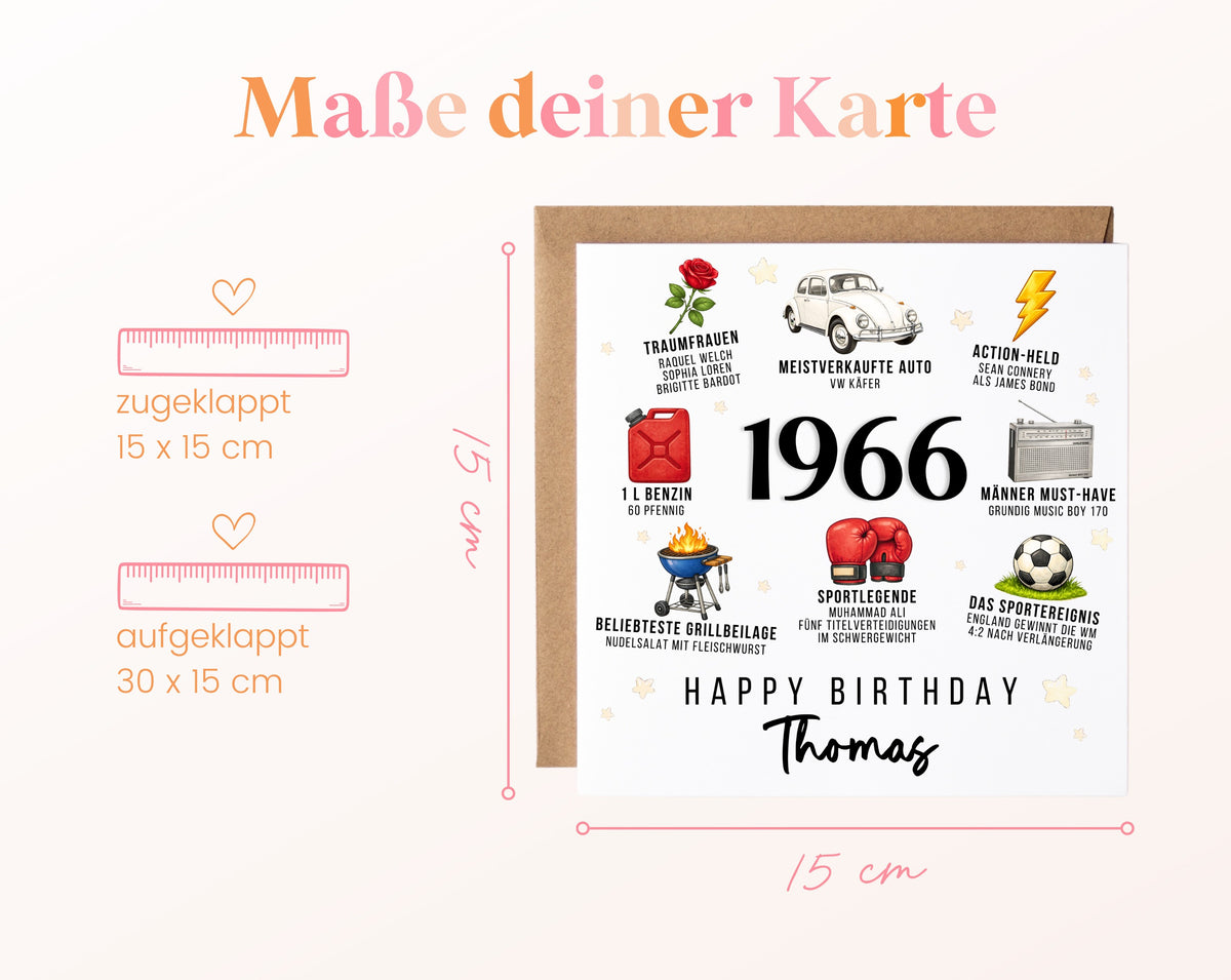 Personalisierte Geburtstagskarte Jahrgang 1966 – Nostalgie für Männer – Maße der Klappkarte