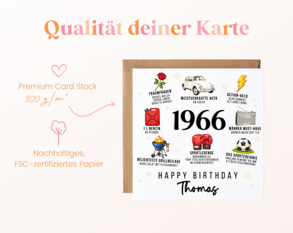 Personalisierte Geburtstagskarte Jahrgang 1966 – Nostalgie für Männer – Kartenpapier 300 g/m²