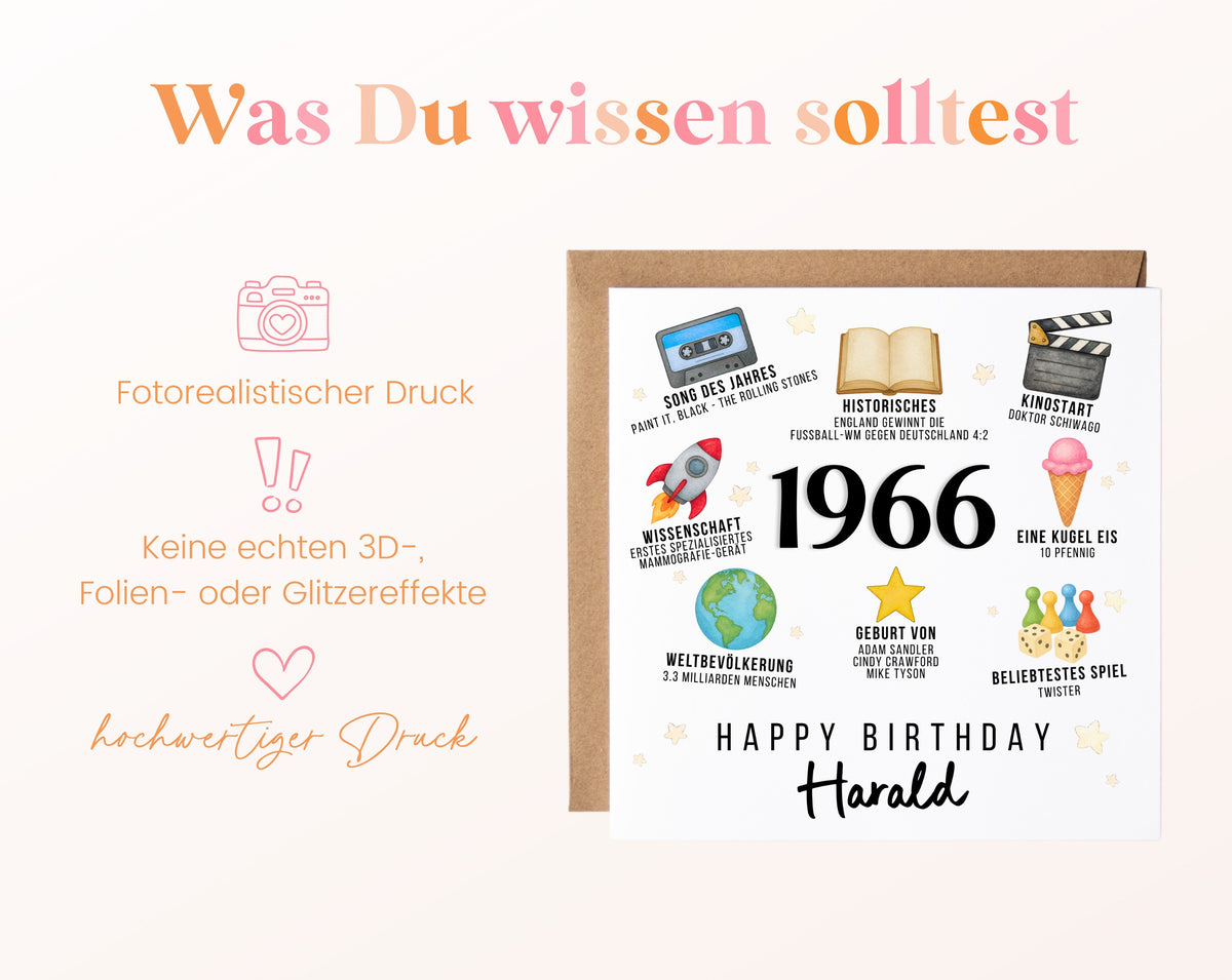 Personalisierte Geburtstagskarte Jahrgang 1966 – Zeitreise mit Musik und Film – Informationen zur Karte