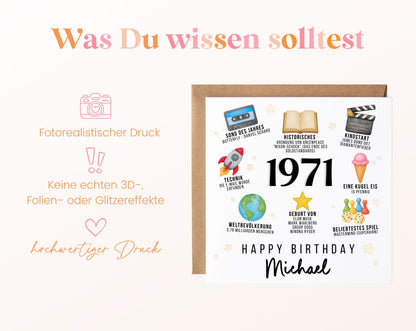 Personalisierte Geburtstagskarte Jahrgang 1971 – Zeitreise mit Musik und Film – Informationen zur Karte
