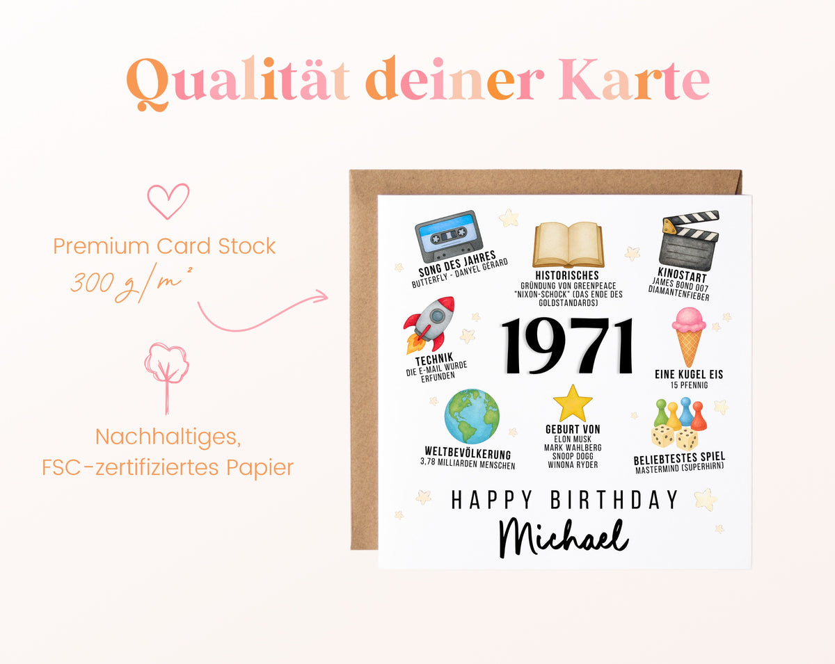 Personalisierte Geburtstagskarte Jahrgang 1971 – Zeitreise mit Musik und Film – Kartenpapier 300 g/m²
