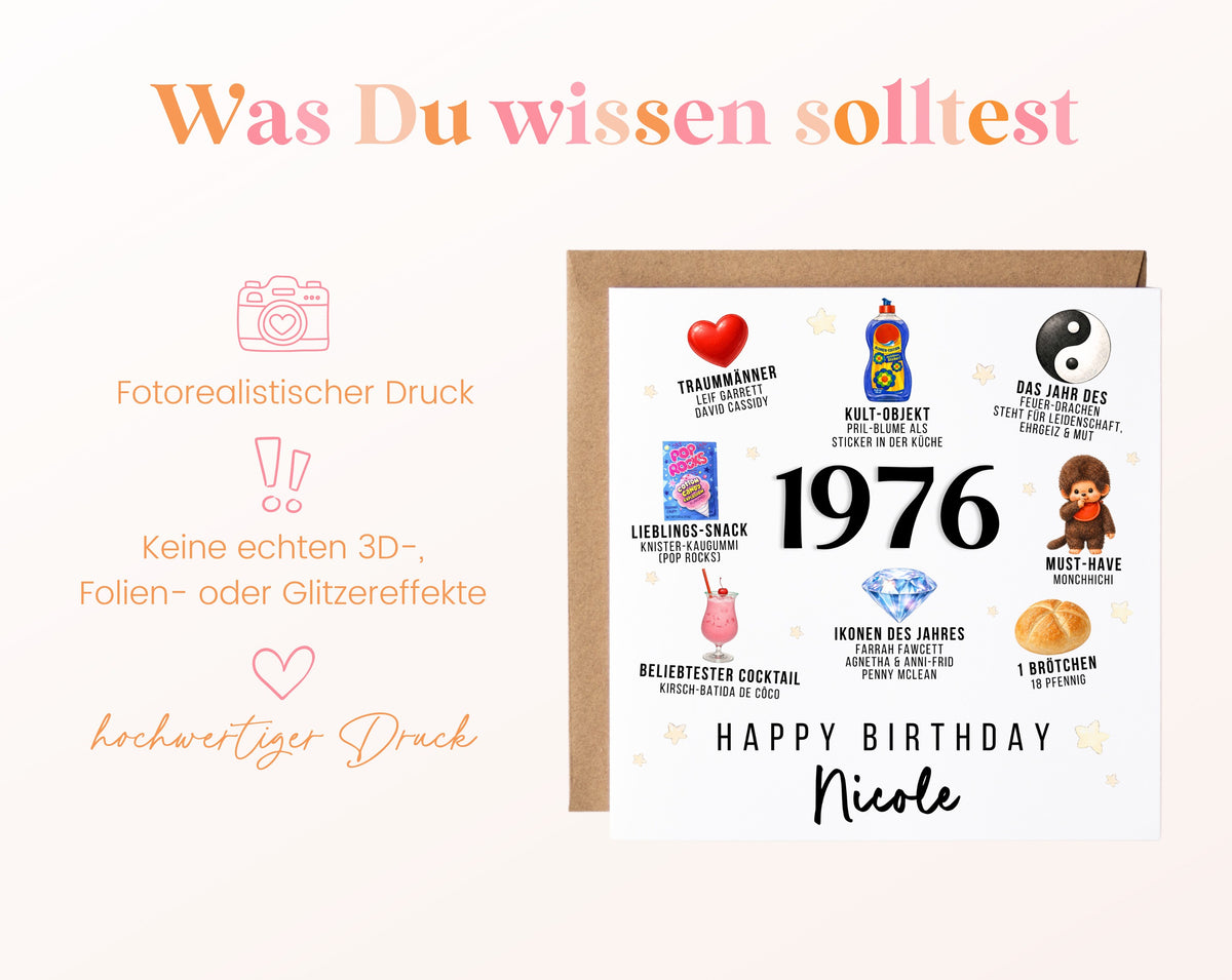 Personalisierte Geburtstagskarte Jahrgang 1976 – Nostalgie für Frauen – Informationen zur Karte
