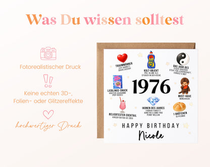 Personalisierte Geburtstagskarte Jahrgang 1976 – Nostalgie für Frauen – Informationen zur Karte