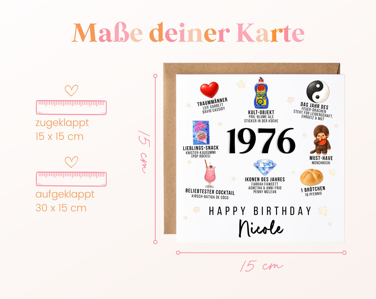 Personalisierte Geburtstagskarte Jahrgang 1976 – Nostalgie für Frauen – Maße der Klappkarte