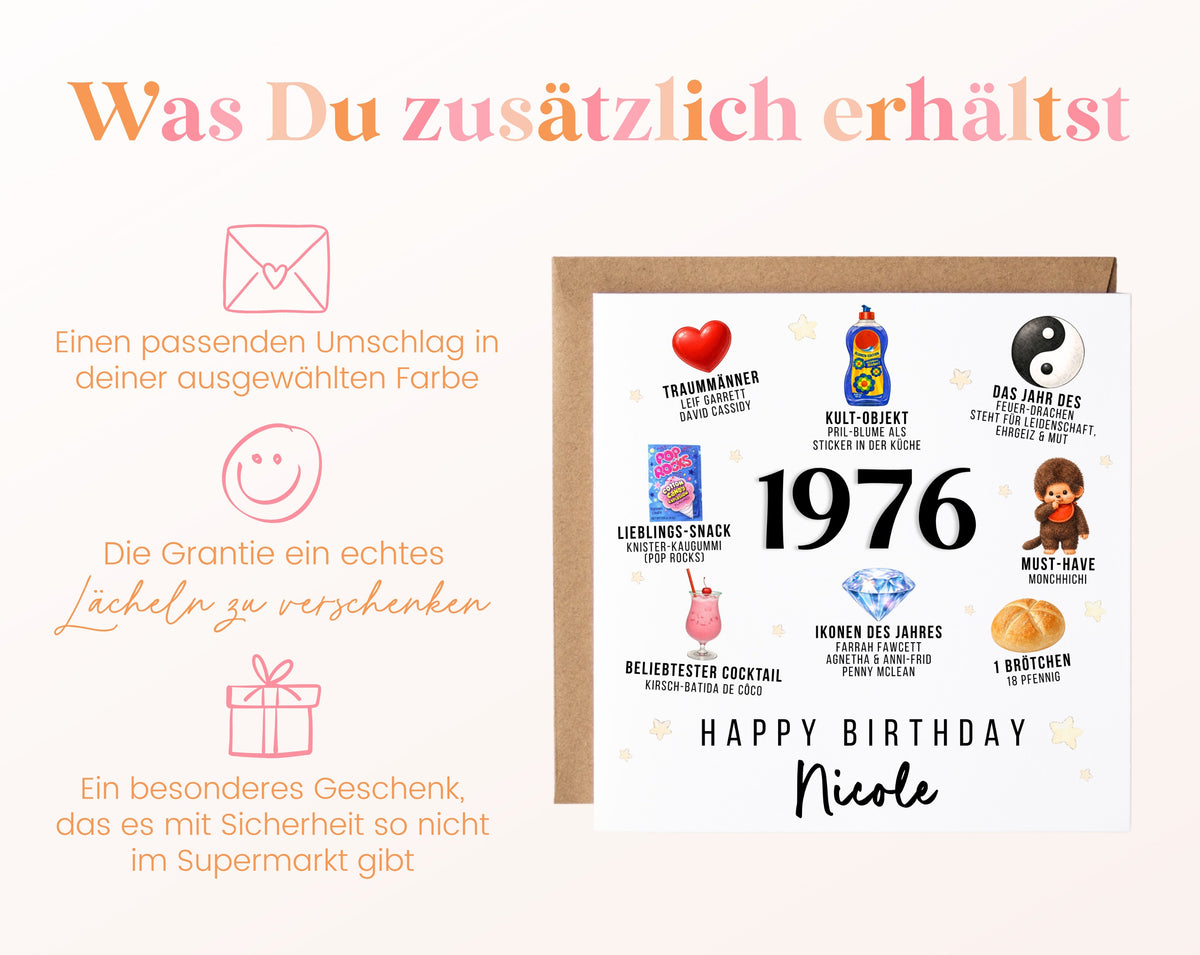 Personalisierte Geburtstagskarte Jahrgang 1976 – Nostalgie für Frauen – Umschlag zur Karte