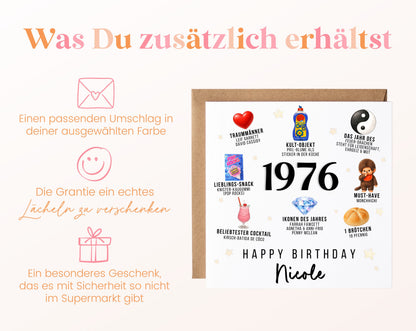 Personalisierte Geburtstagskarte Jahrgang 1976 – Nostalgie für Frauen – Umschlag zur Karte