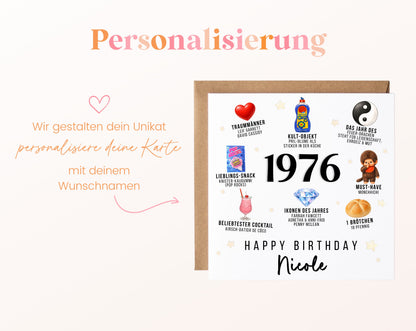 Personalisierte Geburtstagskarte Jahrgang 1976 – Nostalgie für Frauen – Personalisierung mit Wunschname