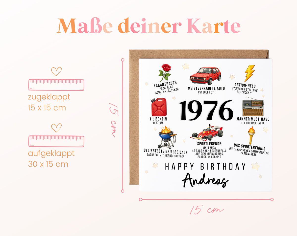 Personalisierte Geburtstagskarte Jahrgang 1976 – Nostalgie für Männer – Maße der Klappkarte