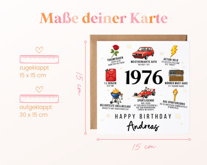 Personalisierte Geburtstagskarte Jahrgang 1976 – Nostalgie für Männer – Maße der Klappkarte