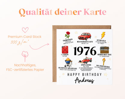 Personalisierte Geburtstagskarte Jahrgang 1976 – Nostalgie für Männer – Kartenpapier 300 g/m²