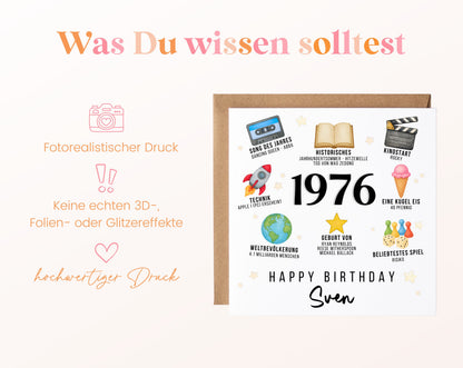 Personalisierte Geburtstagskarte Jahrgang 1976 – Zeitreise mit Musik und Film – Informationen zur Karte