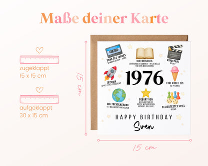 Personalisierte Geburtstagskarte Jahrgang 1976 – Zeitreise mit Musik und Film – Maße der Klappkarte