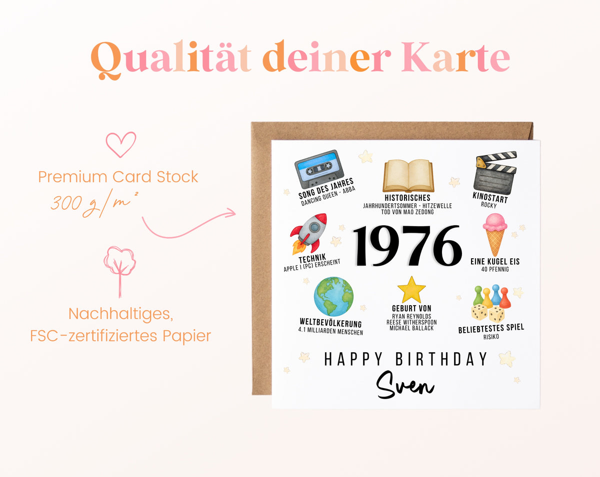 Personalisierte Geburtstagskarte Jahrgang 1976 – Zeitreise mit Musik und Film – Kartenpapier 300 g/m²