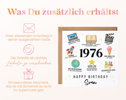 Personalisierte Geburtstagskarte Jahrgang 1976 – Zeitreise mit Musik und Film – Umschlag zur Karte