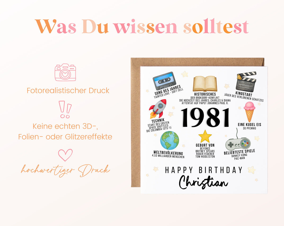 Personalisierte Geburtstagskarte Jahrgang 1981 – Zeitreise mit Musik und Film – Informationen zur Karte