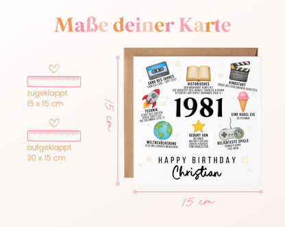 Personalisierte Geburtstagskarte Jahrgang 1981 – Zeitreise mit Musik und Film – Maße der Klappkarte