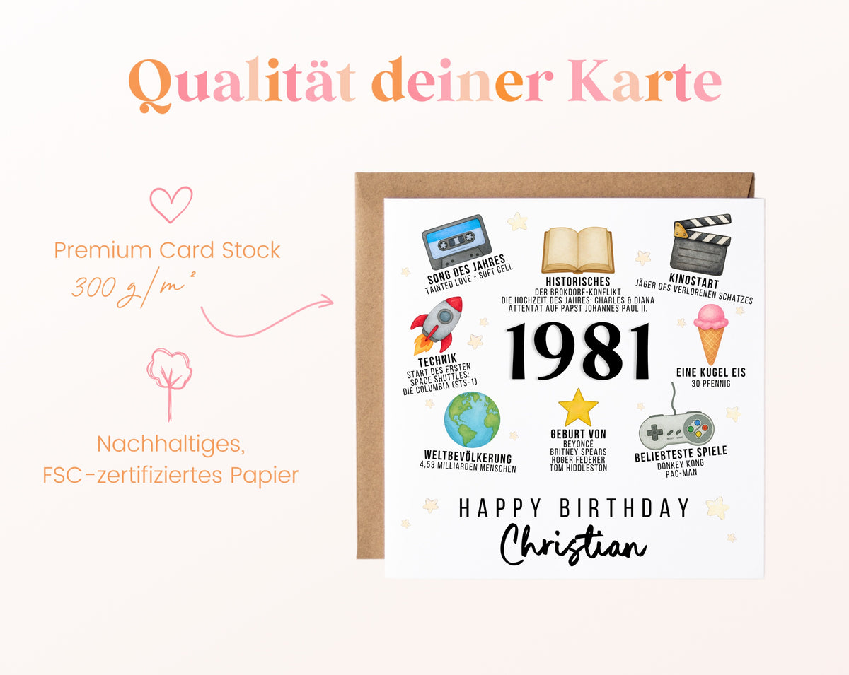 Personalisierte Geburtstagskarte Jahrgang 1981 – Zeitreise mit Musik und Film – Kartenpapier 300 g/m²