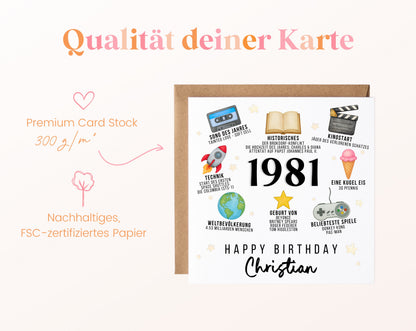 Personalisierte Geburtstagskarte Jahrgang 1981 – Zeitreise mit Musik und Film – Kartenpapier 300 g/m²
