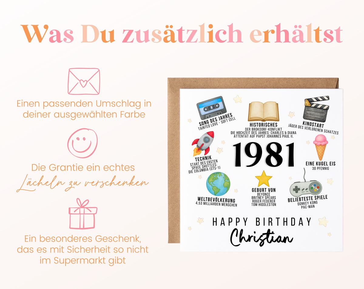 Personalisierte Geburtstagskarte Jahrgang 1981 – Zeitreise mit Musik und Film – Umschlag zur Karte