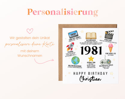 Personalisierte Geburtstagskarte Jahrgang 1981 – Zeitreise mit Musik und Film – Personalisierung mit Wunschname