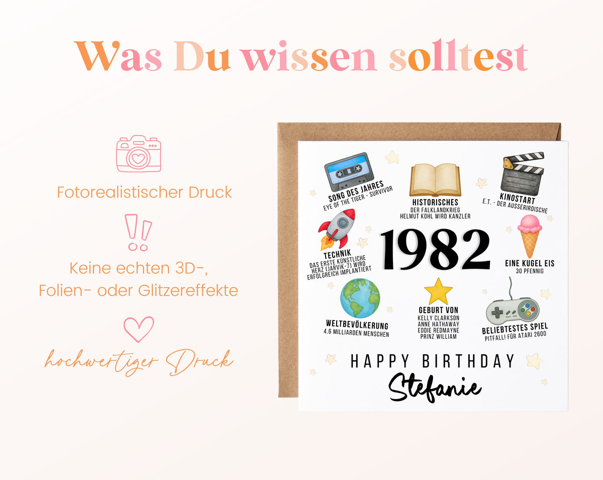 Personalisierte Geburtstagskarte Jahrgang 1982 – Zeitreise mit Musik und Film – Informationen zur Karte