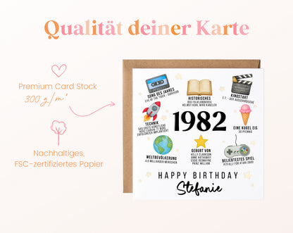 Personalisierte Geburtstagskarte Jahrgang 1982 – Zeitreise mit Musik und Film – Kartenpapier 300 g/m²