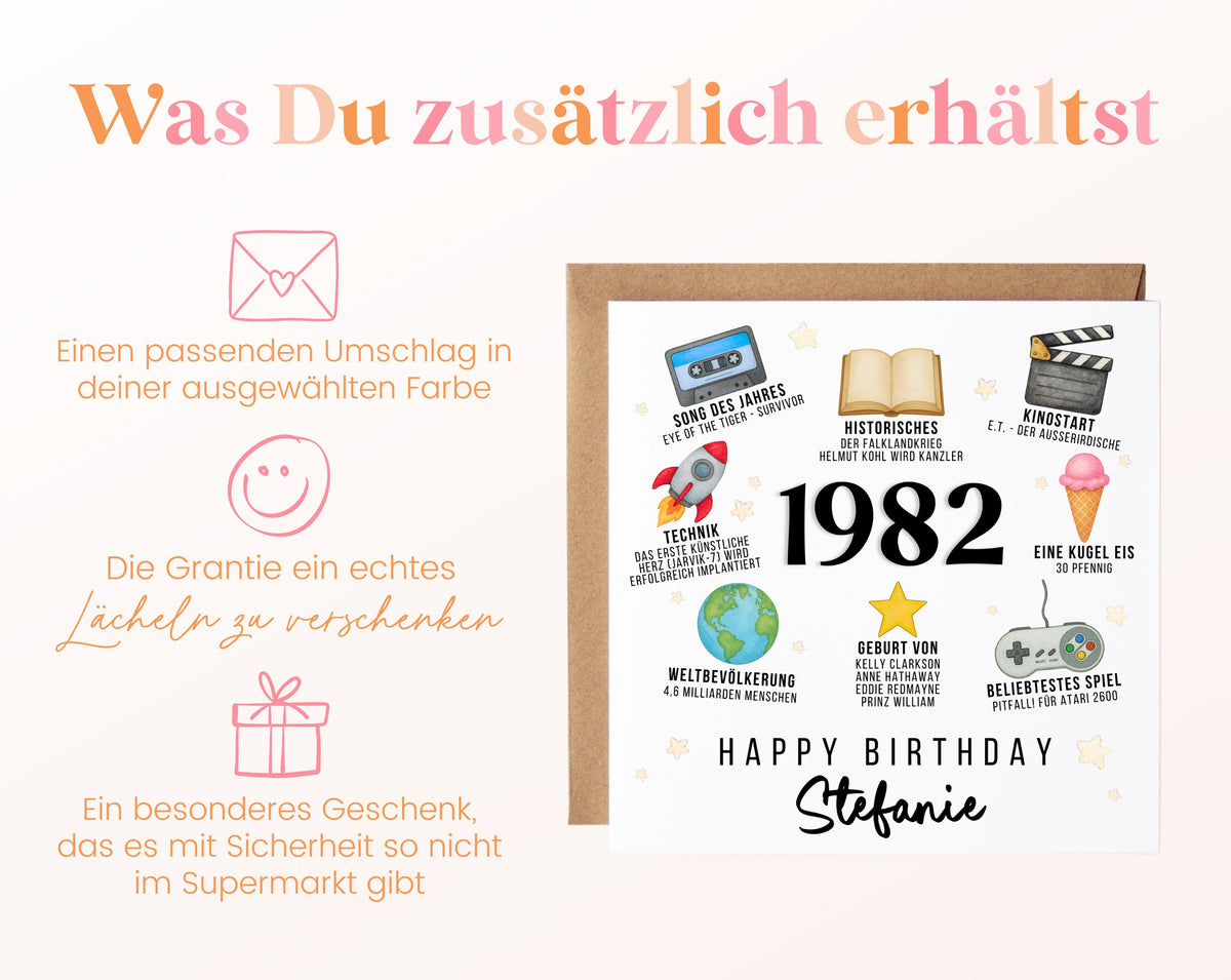Personalisierte Geburtstagskarte Jahrgang 1982 – Zeitreise mit Musik und Film – Umschlag zur Karte