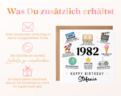Personalisierte Geburtstagskarte Jahrgang 1982 – Zeitreise mit Musik und Film – Umschlag zur Karte