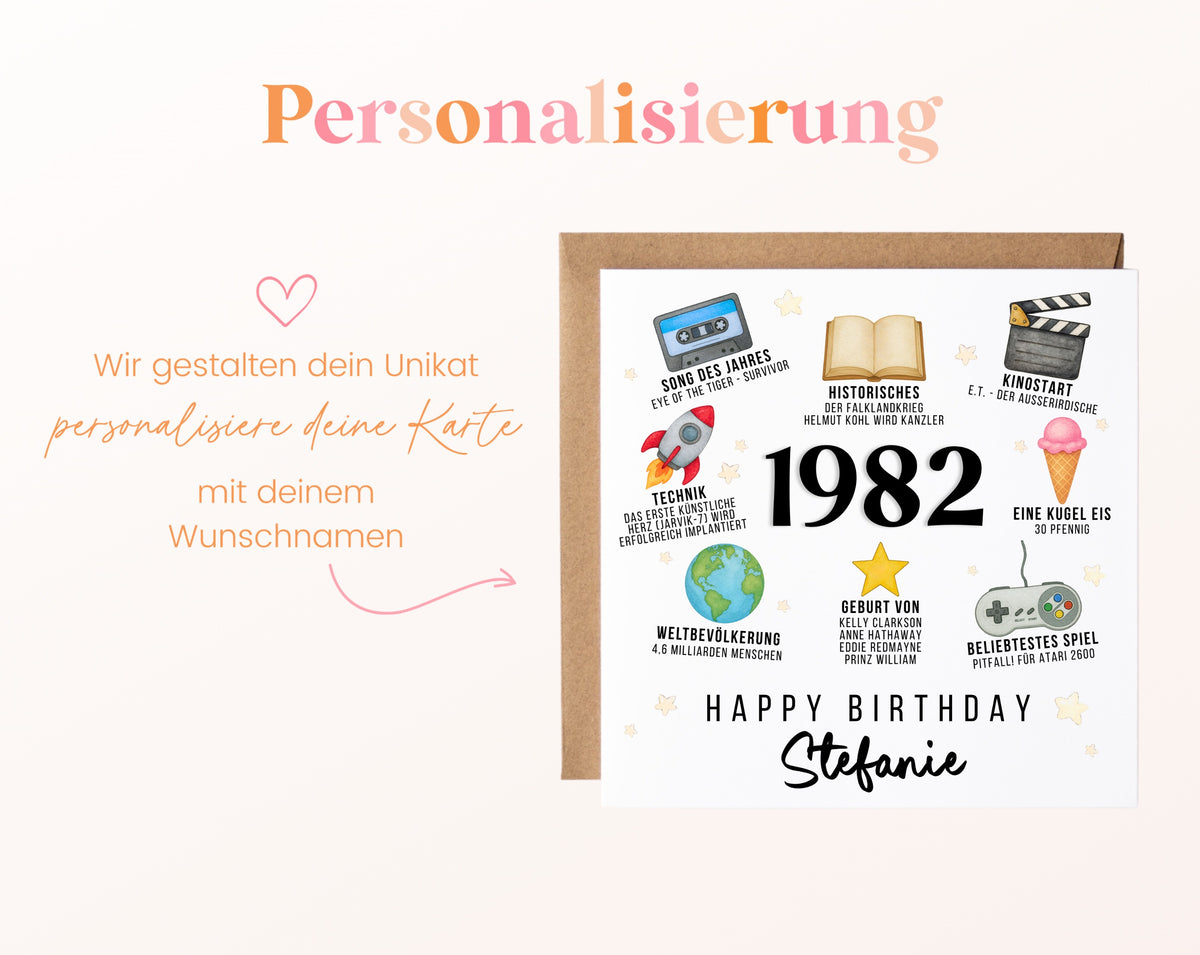 Personalisierte Geburtstagskarte Jahrgang 1982 – Zeitreise mit Musik und Film – Personalisierung mit Wunschname