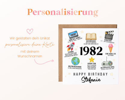 Personalisierte Geburtstagskarte Jahrgang 1982 – Zeitreise mit Musik und Film – Personalisierung mit Wunschname