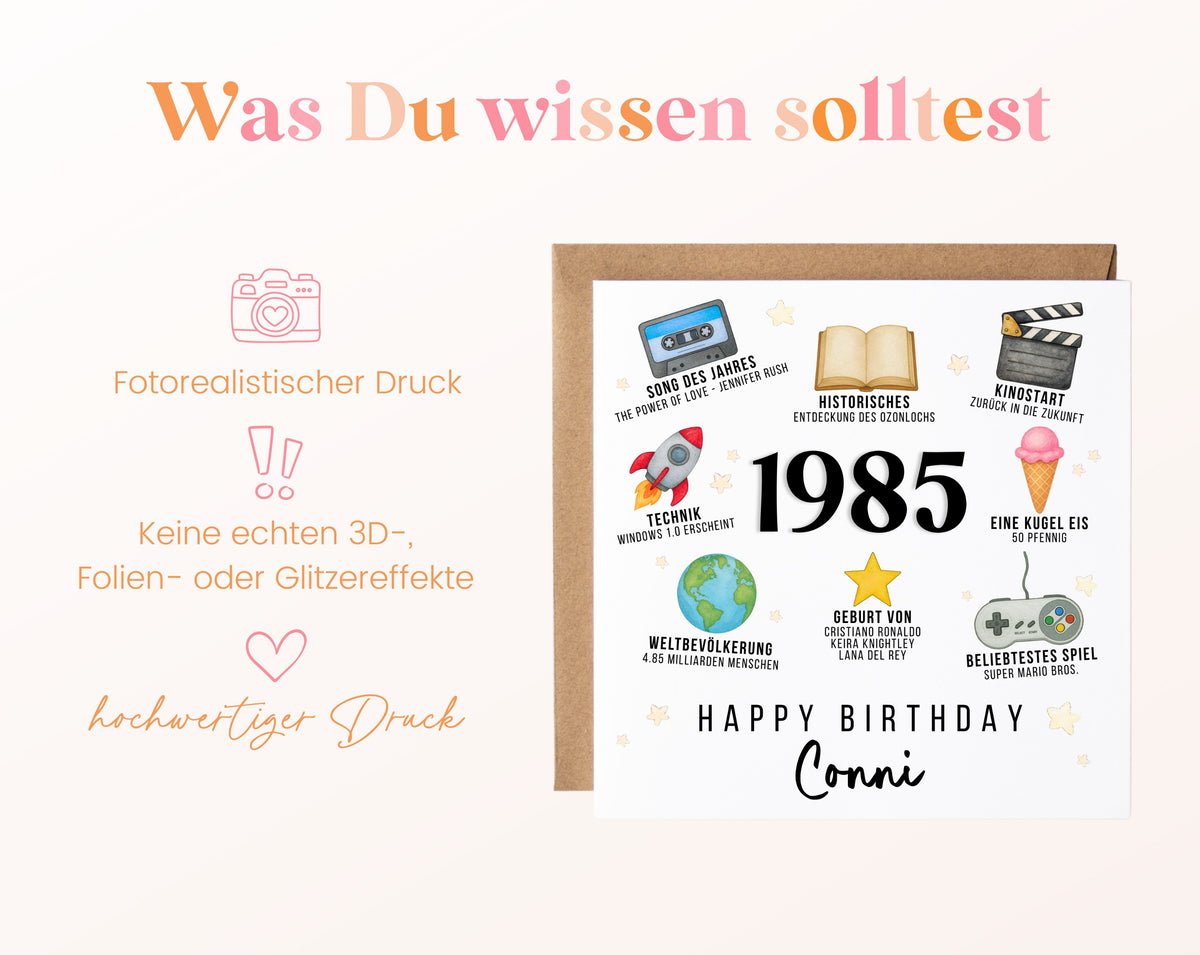 Personalisierte Geburtstagskarte Jahrgang 1985 – Zeitreise mit Musik und Film – Informationen zur Karte
