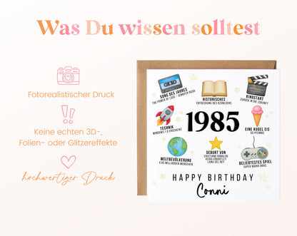 Personalisierte Geburtstagskarte Jahrgang 1985 – Zeitreise mit Musik und Film – Informationen zur Karte