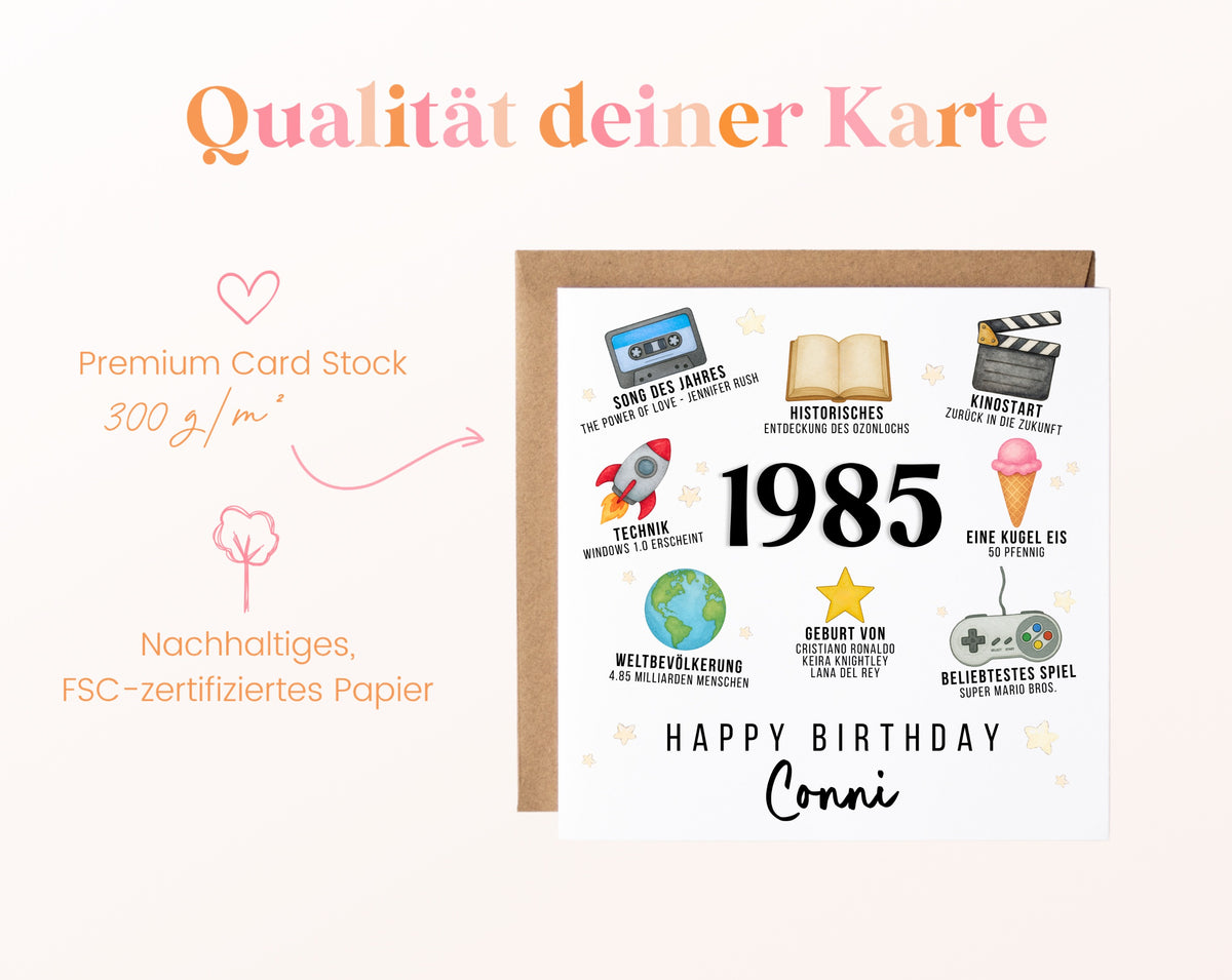 Personalisierte Geburtstagskarte Jahrgang 1985 – Zeitreise mit Musik und Film – Kartenpapier 300 g/m²