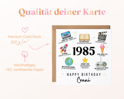 Personalisierte Geburtstagskarte Jahrgang 1985 – Zeitreise mit Musik und Film – Kartenpapier 300 g/m²