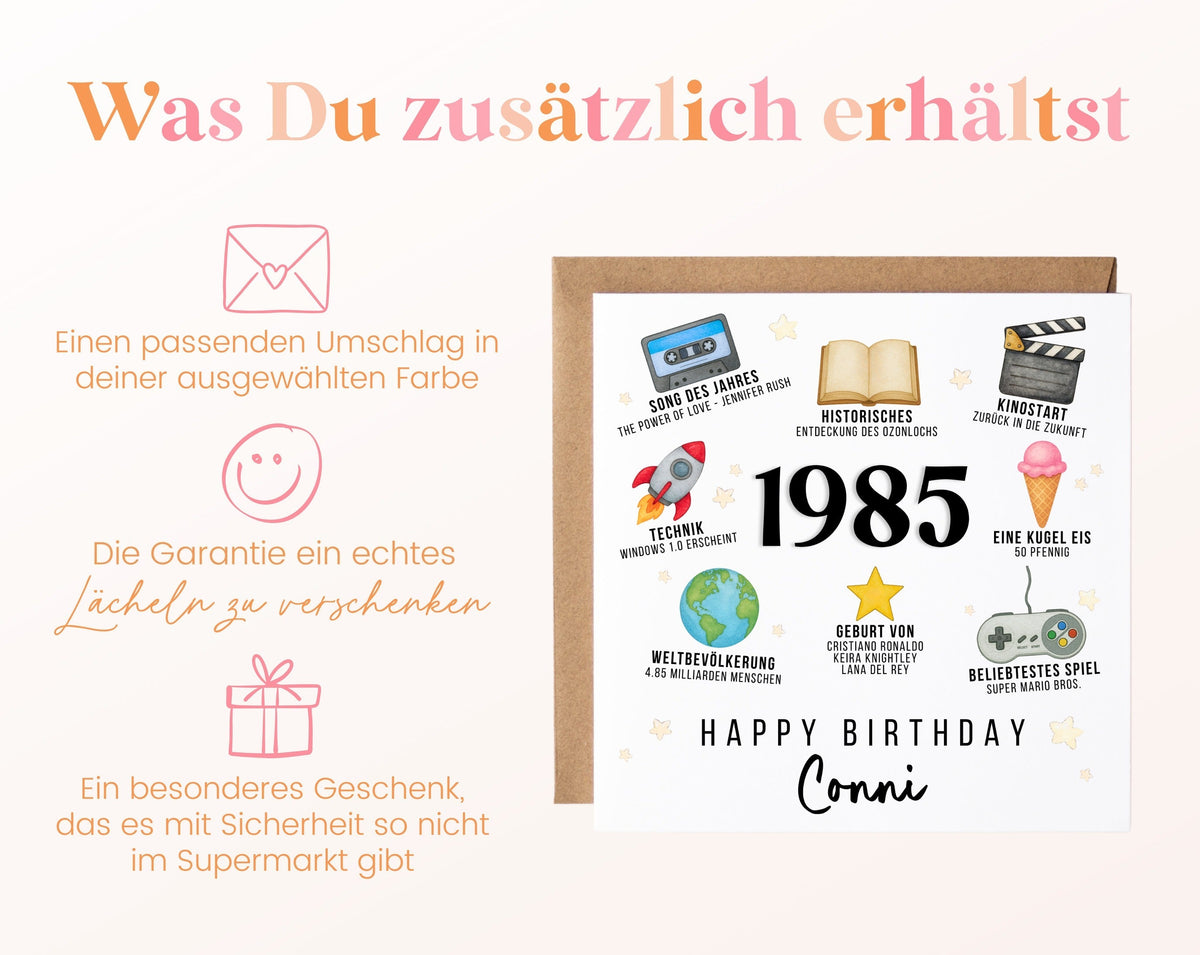 Personalisierte Geburtstagskarte Jahrgang 1985 – Zeitreise mit Musik und Film – Umschlag zur Karte