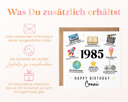 Personalisierte Geburtstagskarte Jahrgang 1985 – Zeitreise mit Musik und Film – Umschlag zur Karte