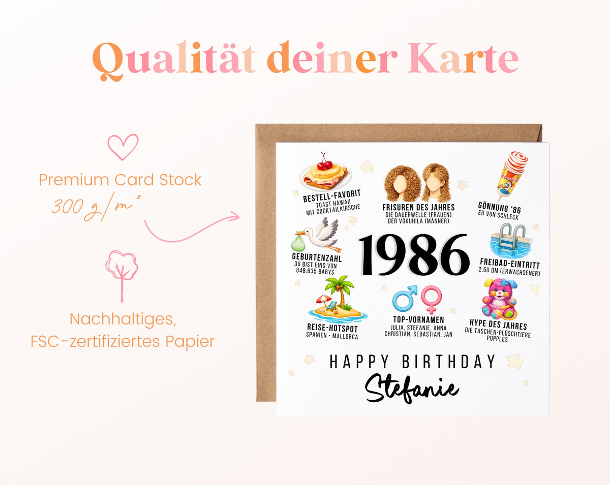 Personalisierte Geburtstagskarte Jahrgang 1986 – Alltag und Kindheit – Kartenpapier 300 g/m²