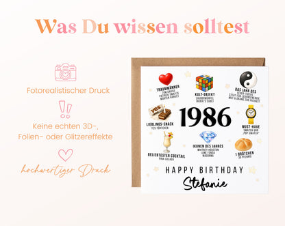 Personalisierte Geburtstagskarte Jahrgang 1986 – Nostalgie für Frauen – Informationen zur Karte