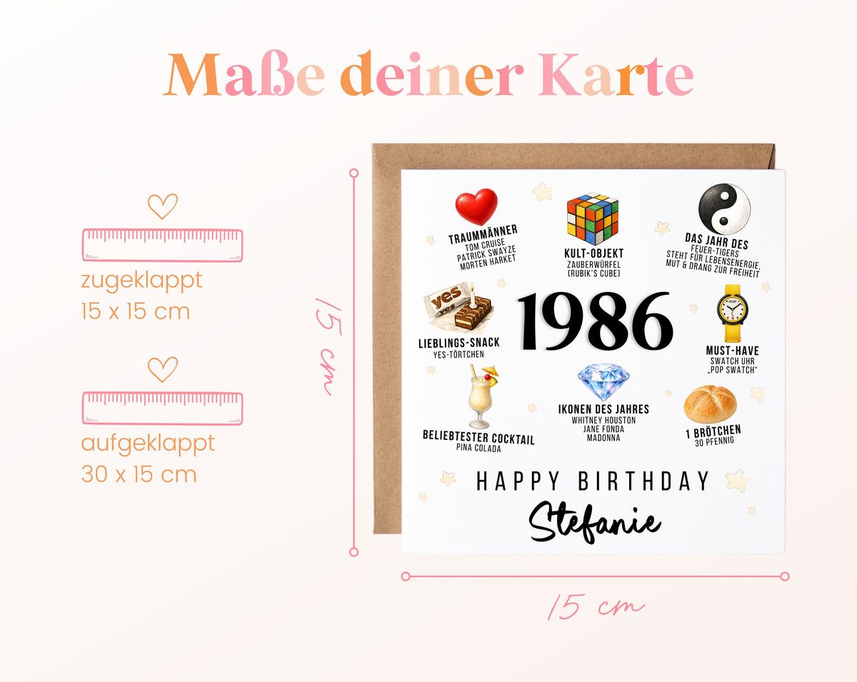 Personalisierte Geburtstagskarte Jahrgang 1986 – Nostalgie für Frauen – Maße der Klappkarte