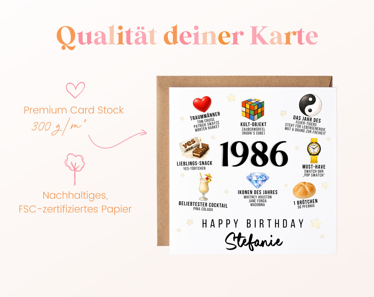 Personalisierte Geburtstagskarte Jahrgang 1986 – Nostalgie für Frauen – Kartenpapier 300 g/m²