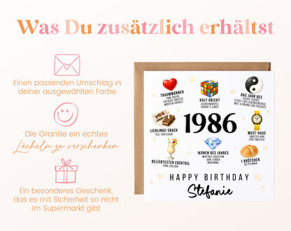 Personalisierte Geburtstagskarte Jahrgang 1986 – Nostalgie für Frauen – Umschlag zur Karte