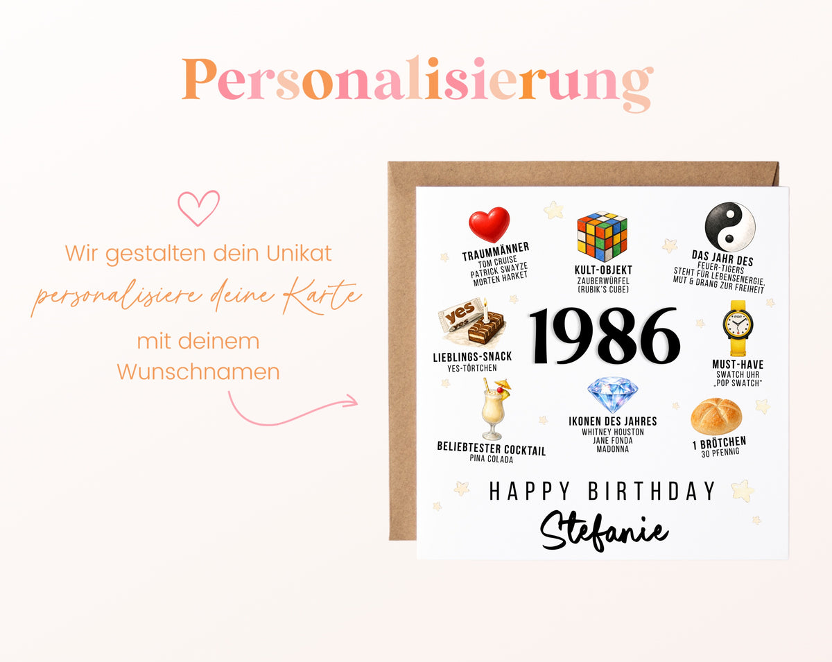 Personalisierte Geburtstagskarte Jahrgang 1986 – Nostalgie für Frauen – Personalisierung mit Wunschname