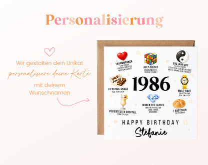 Personalisierte Geburtstagskarte Jahrgang 1986 – Nostalgie für Frauen – Personalisierung mit Wunschname