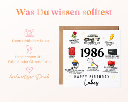Personalisierte Geburtstagskarte Jahrgang 1986 – Nostalgie für Männer – Informationen zur Karte