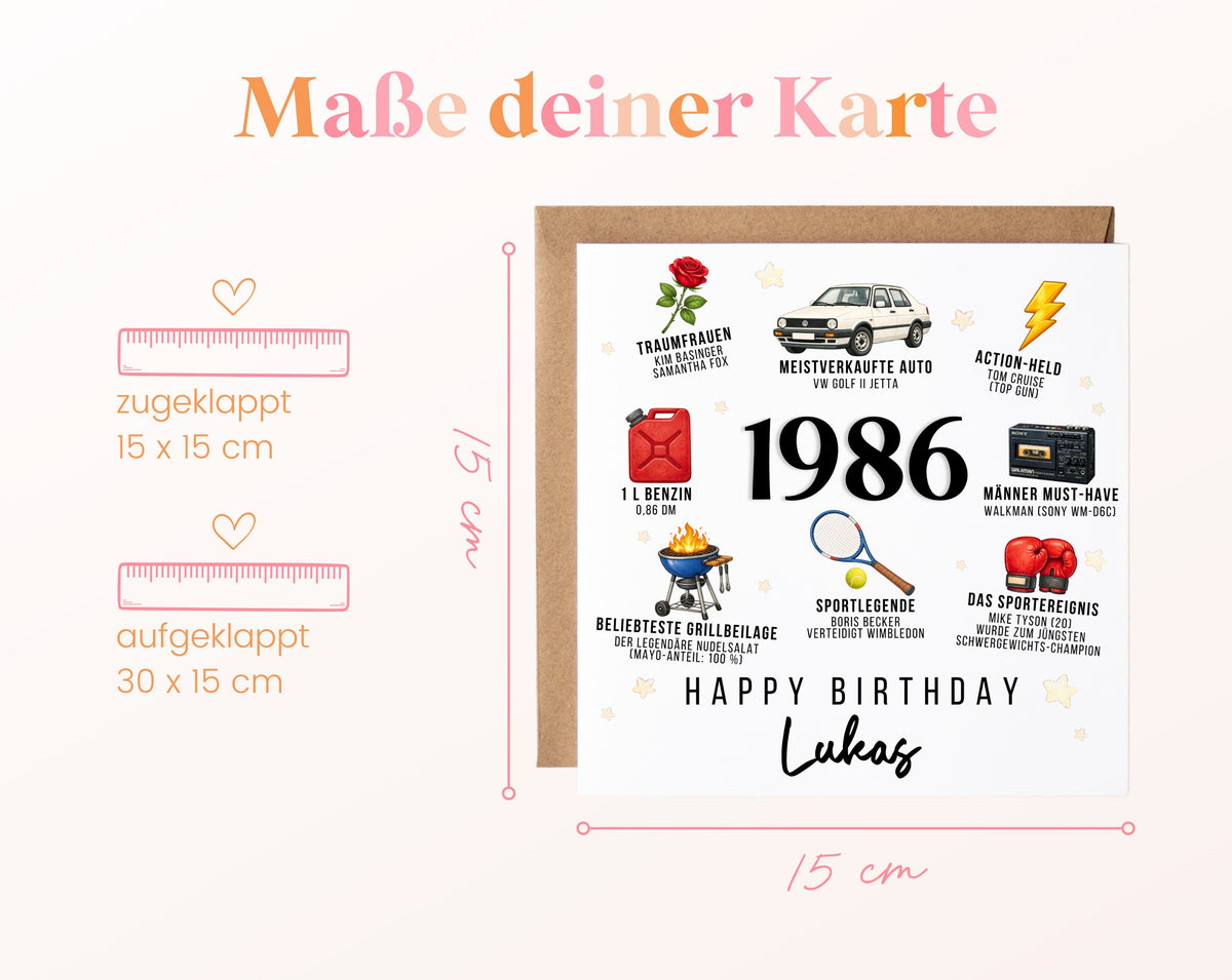 Personalisierte Geburtstagskarte Jahrgang 1986 – Nostalgie für Männer – Maße der Klappkarte