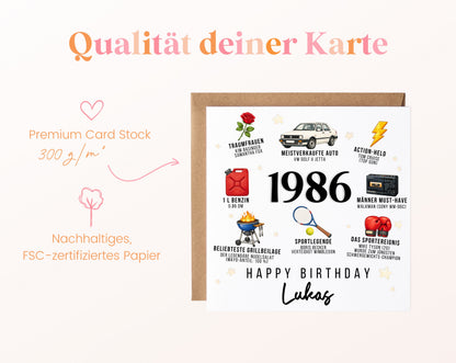 Personalisierte Geburtstagskarte Jahrgang 1986 – Nostalgie für Männer – Kartenpapier 300 g/m²